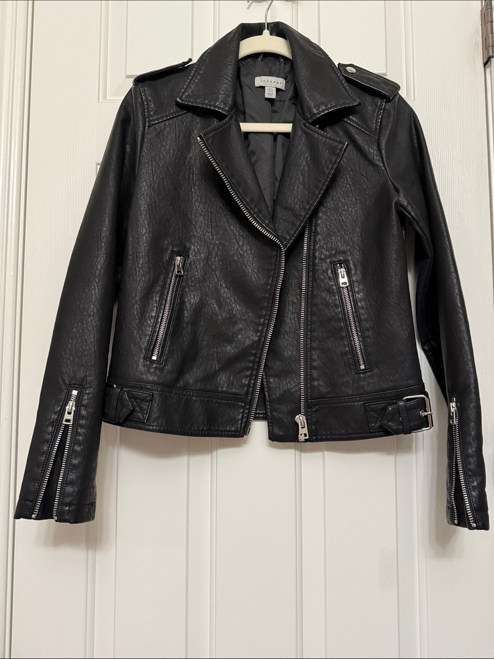 Topshop Black Faux Leather Moto Jacket with Silver Hardware